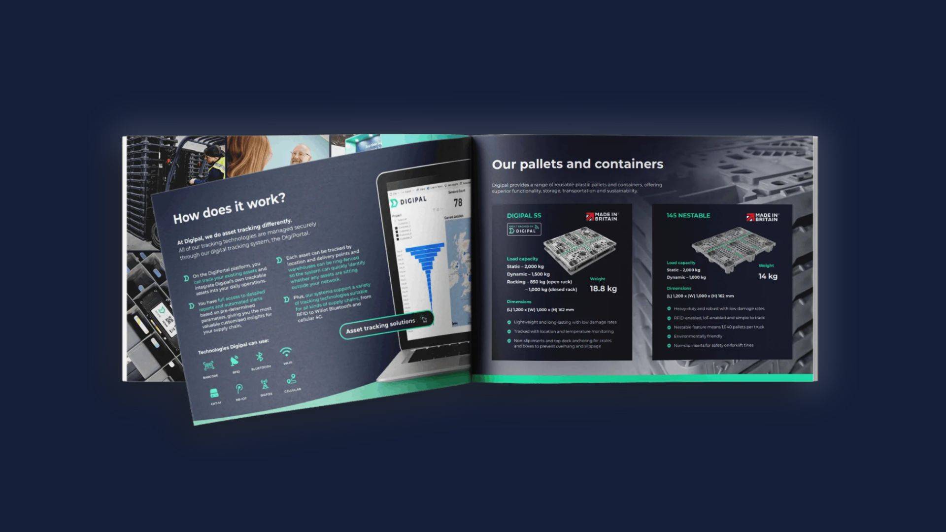 A double-page spread of the Digipal brochure, displaying how the tracking system works with text and a diagram and showing their pallets.