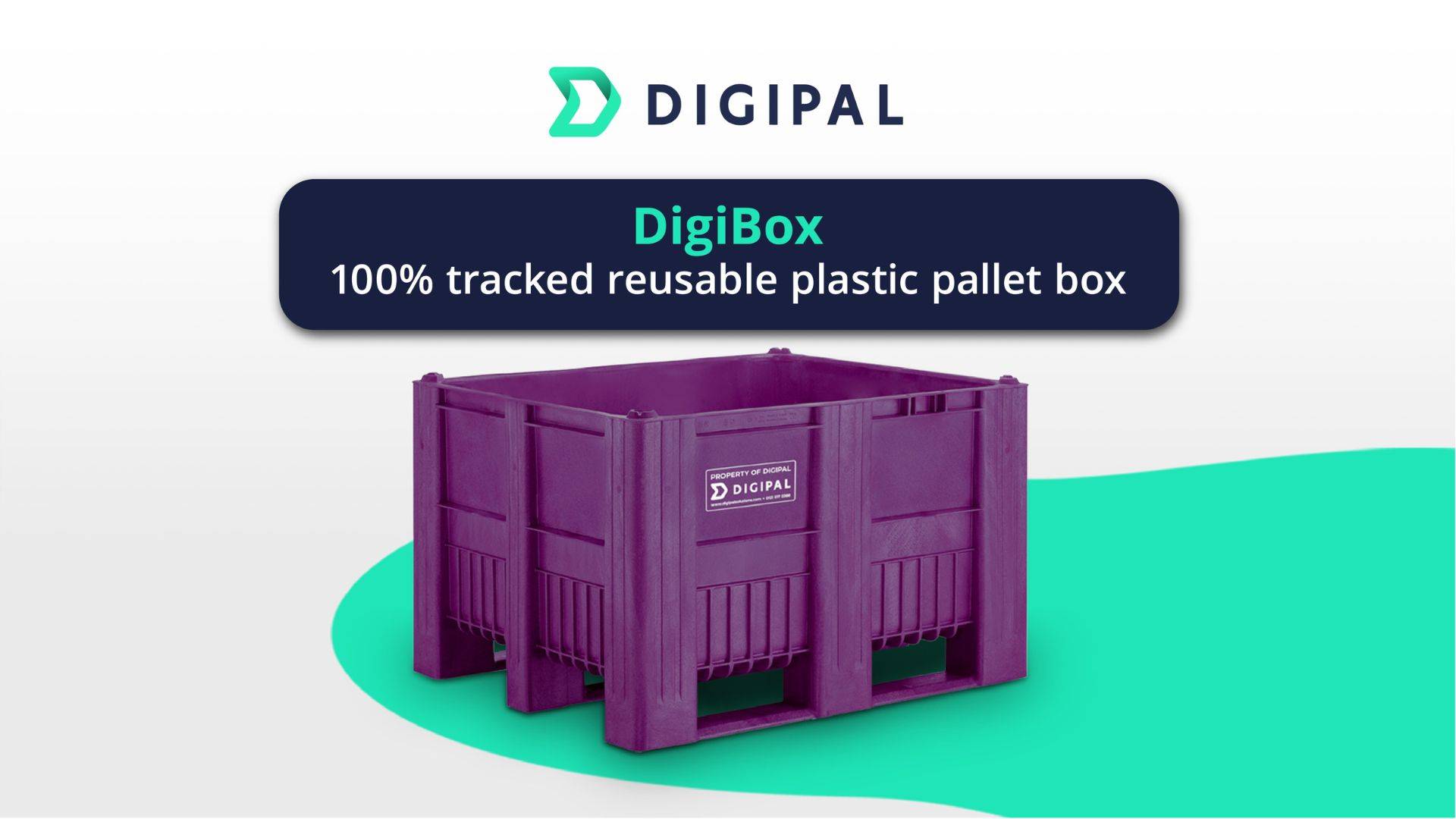 The DigiBox promotional image with the text ‘DigiBox 100% tracked reusable plastic pallet box’