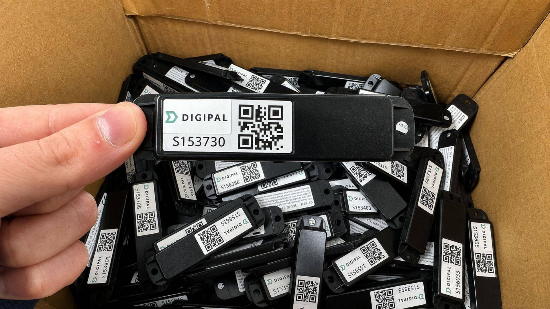 A cardboard box full of Digipal trackers with one being picked up and shown to the camera.
