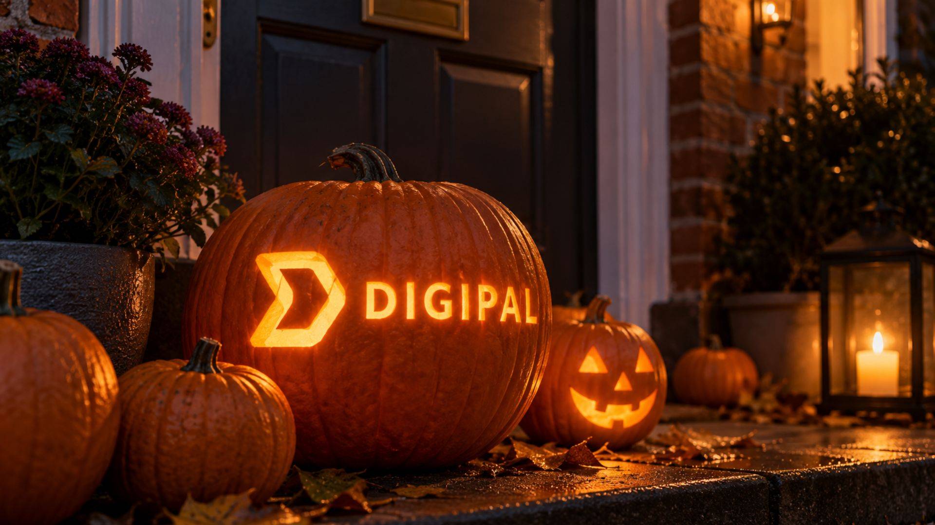 Pumpkins on a doorstep on a dark evening, with one large pumpkin engraved with the Digipal logo.